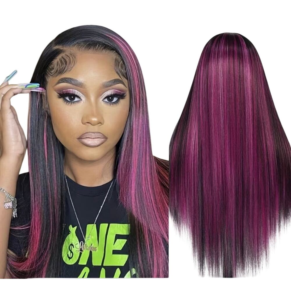 28” black and pink lace front wig 13x4